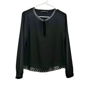 Zara Black Long Sleeve Faux Leather Trim & Silver Studs Top